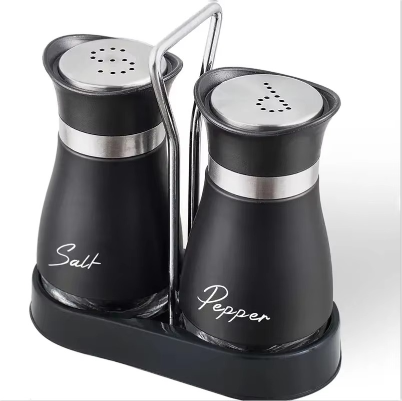 2PCS Glass Spice Bottles Set with Shelf – Adjustable Salt & Pepper Shakers, Refillable Seasoning Dispenser with Pour Control Holes