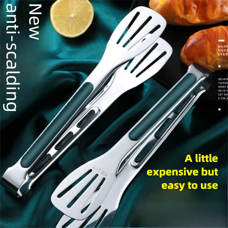 1pc Non Slip Stainless Steel Food Tongs Meat Salad Bread Clip Anti-scalding Barbecue Grill Buffet Clamp Kitchen Cooking Tools (9 Inches)