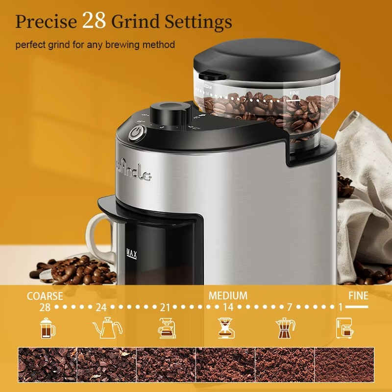200W Automatic Burr Coffee Grinder – Electric Coffee Bean Grinder with 28 Precise Grind Settings, Stainless Steel Grinding Machine