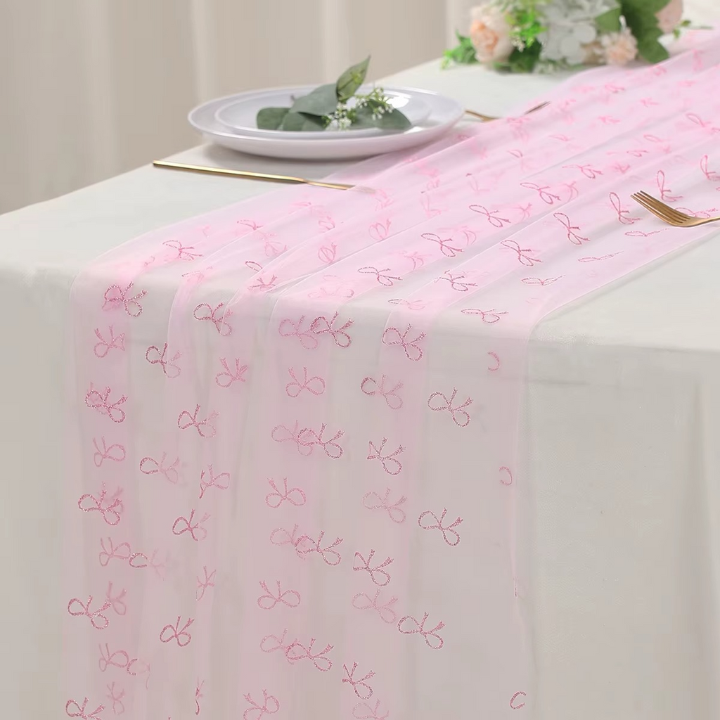 Pink Bow Theme Table Runner – Mesh Lace Birthday Decoration, Girls Pink Bow Party Table Runner for Birthday, Baby Shower & Wedding Party Supplies