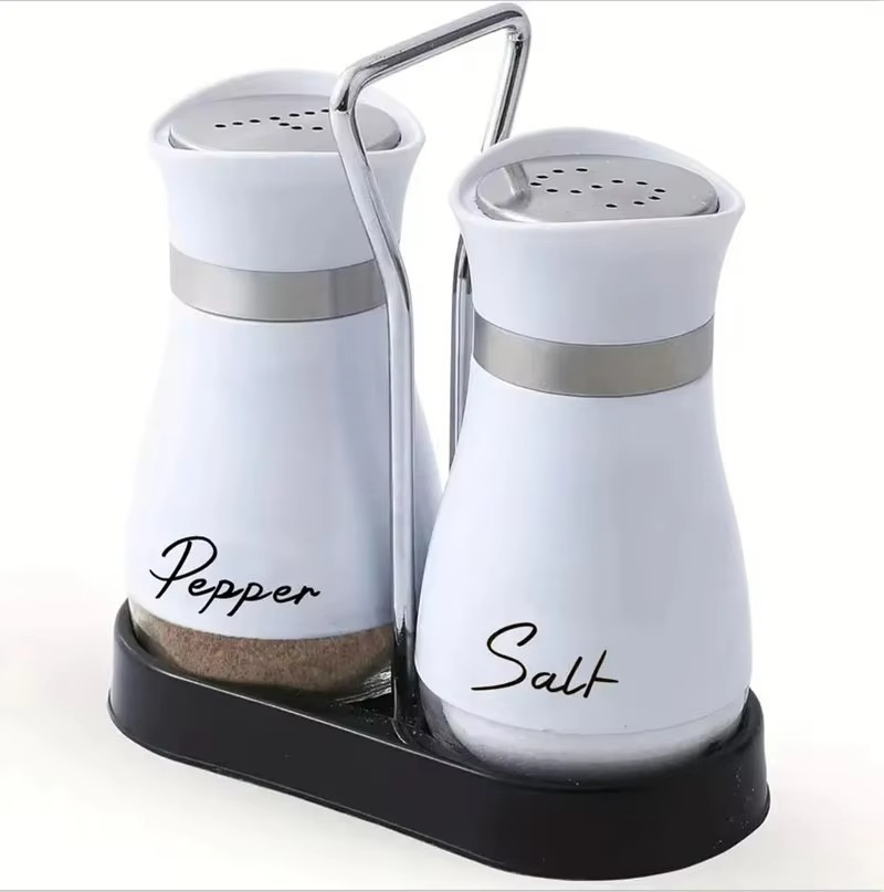 2PCS Glass Spice Bottles Set with Shelf – Adjustable Salt & Pepper Shakers, Refillable Seasoning Dispenser with Pour Control Holes