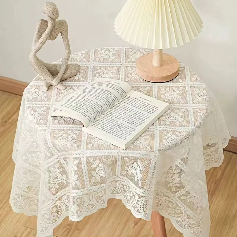 Antique Embroidered Lace Tablecloth – Elegant Solid Color Floral Cut Design, 100% Polyester Square Table Cover for Dining & Home Decor