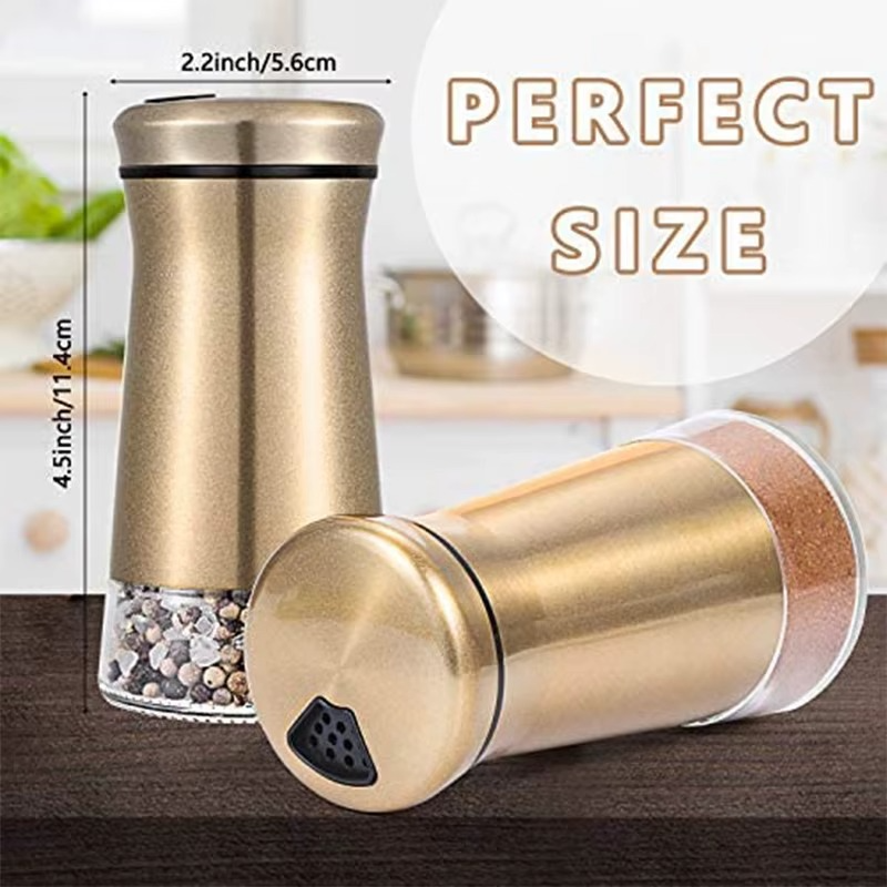 2PCS Copper Stainless Steel Salt & Pepper Shakers – Clear Bottom Spice Jars with Stainless Steel Lid, Refillable Kitchen Seasoning Containers