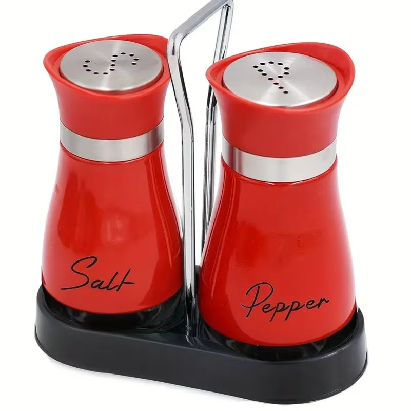 2PCS Glass Spice Bottles Set with Shelf – Adjustable Salt & Pepper Shakers, Refillable Seasoning Dispenser with Pour Control Holes