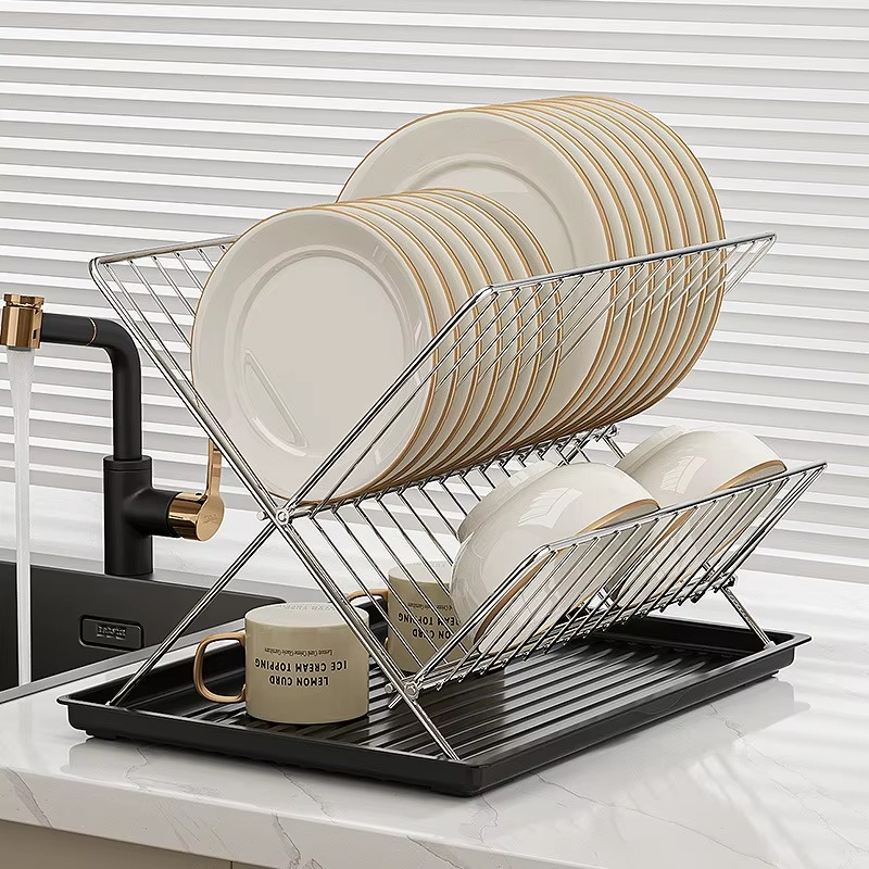 Foldable X-Shape Dish Drying Rack – 2 Tier Countertop Dish Drainer for Plates, Bowls & Kitchen Tableware Holder