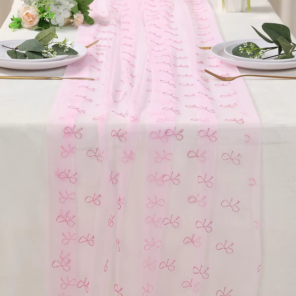 Pink Bow Theme Table Runner – Mesh Lace Birthday Decoration, Girls Pink Bow Party Table Runner for Birthday, Baby Shower & Wedding Party Supplies