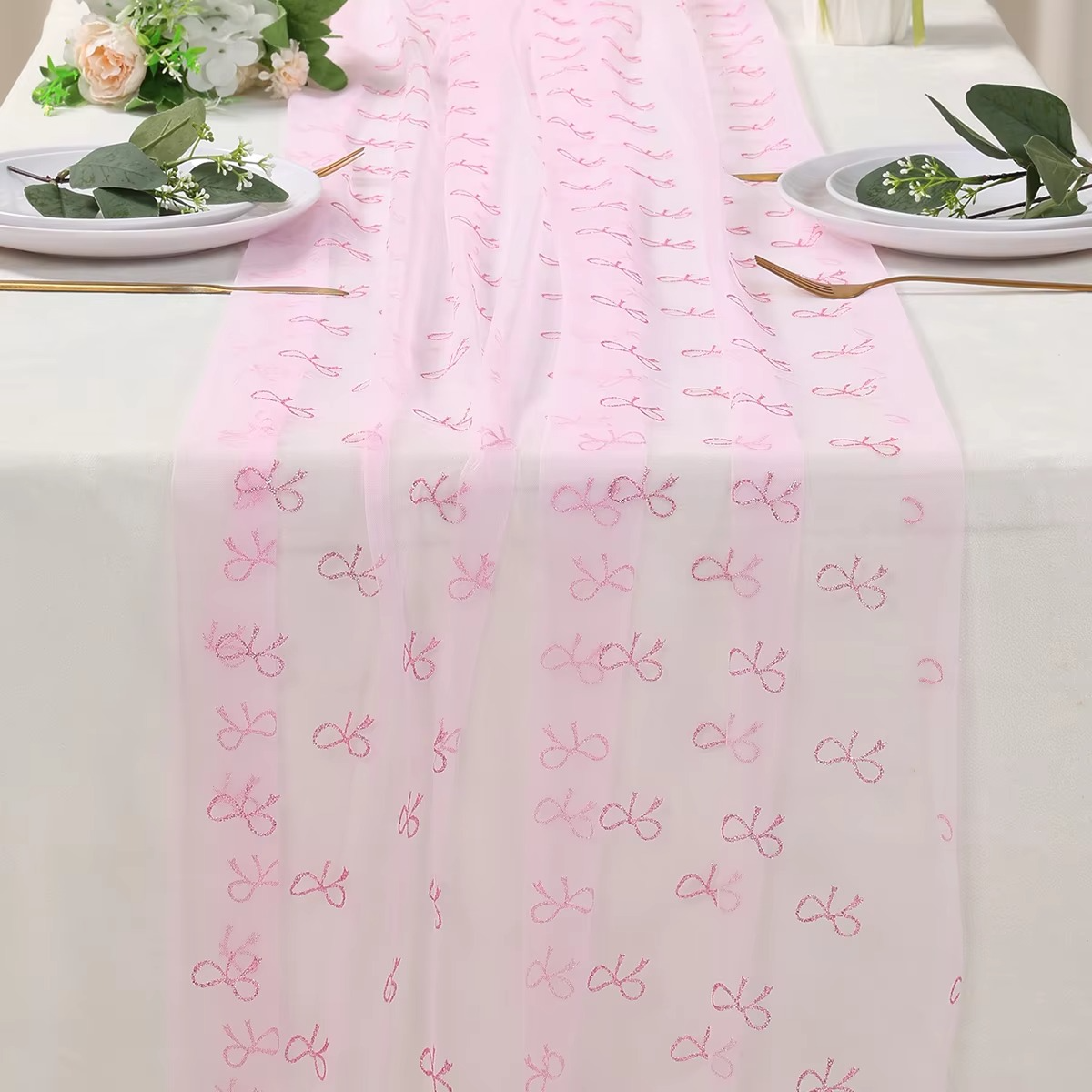 Pink Bow Theme Table Runner – Mesh Lace Birthday Decoration, Girls Pink Bow Party Table Runner for Birthday, Baby Shower & Wedding Party Supplies