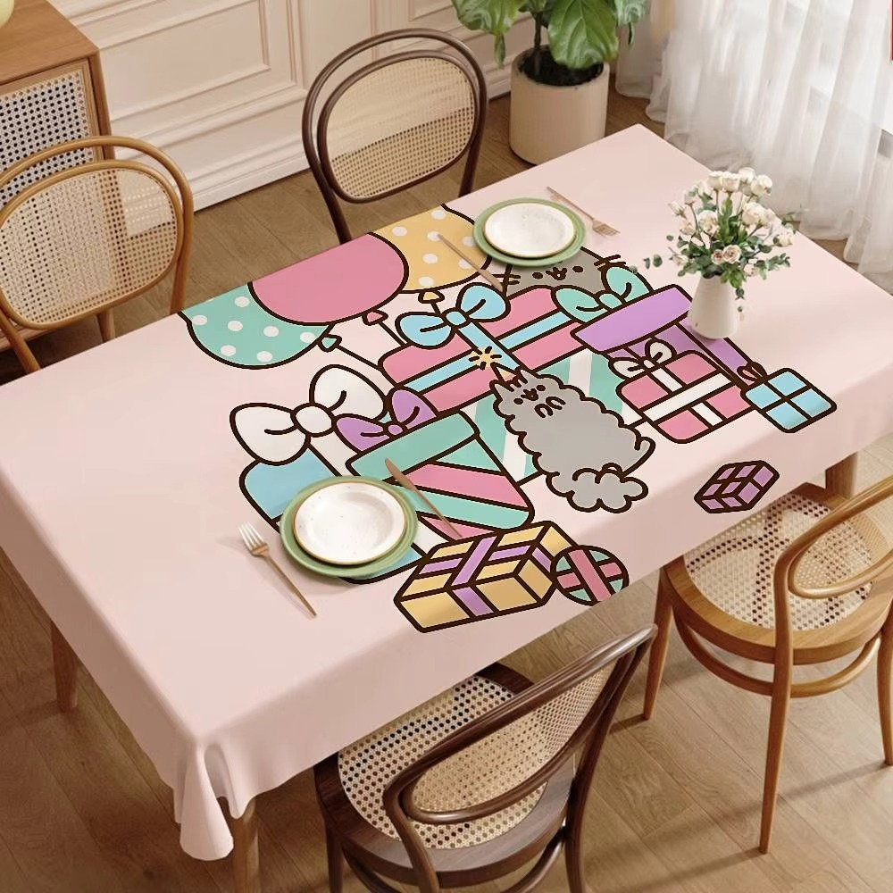 Pusheen Cartoon Rectangle Tablecloth – Waterproof Reusable Table Cover for Dining Table, Kitchen Decor & Holiday Party Decoration