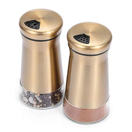 2PCS Copper Stainless Steel Salt & Pepper Shakers – Clear Bottom Spice Jars with Stainless Steel Lid, Refillable Kitchen Seasoning Containers