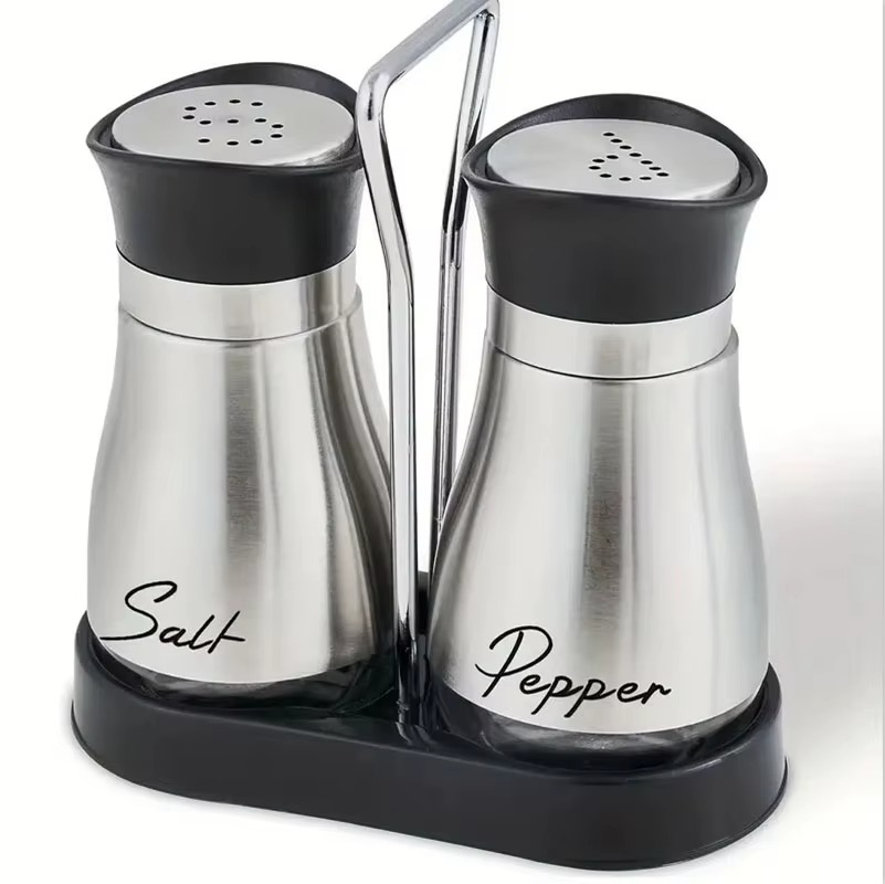2PCS Glass Spice Bottles Set with Shelf – Adjustable Salt & Pepper Shakers, Refillable Seasoning Dispenser with Pour Control Holes