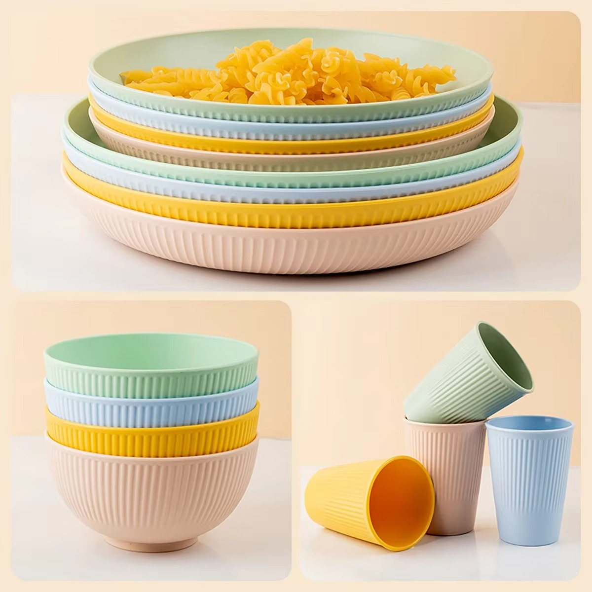 4Pcs Wheat Straw Dinnerware Set – Eco-Friendly Plate, Bowl, Cup & Dish Set, Unbreakable Kitchen Tableware for Home & Camping