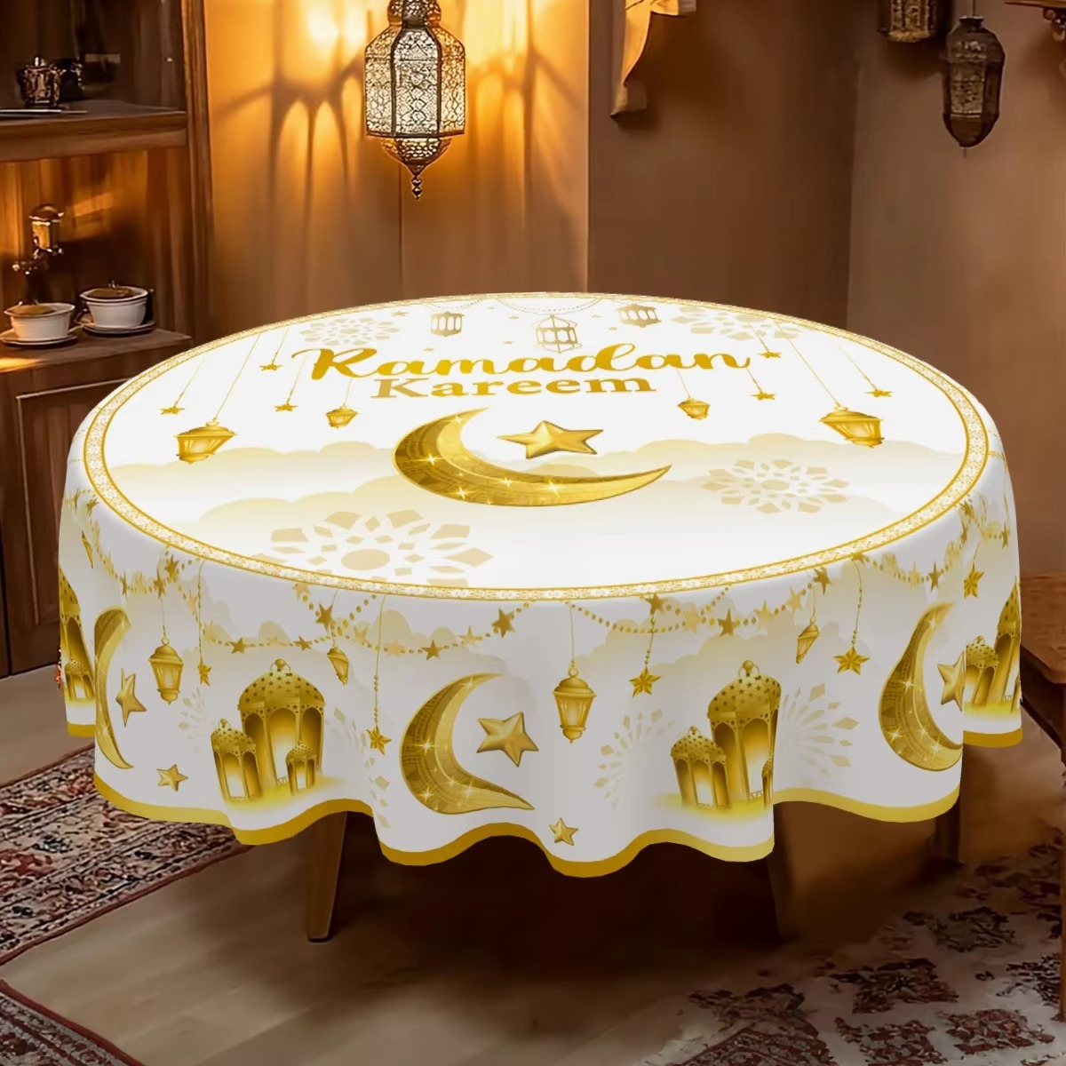 Ramadan Round Table Cover – Ramadan Kareem Islamic Decoration Tablecloth for Home, Eid Al-Fitr Party & Muslim Festive Table Decor 2026