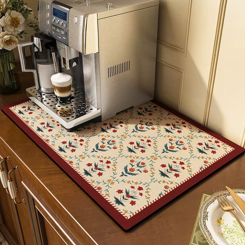 Retro Kitchen Mat – Super Absorbent Quick-Dry Drain Pad – Coffee Bar Drying Carpet for Kitchen Sink, Tableware Drainer Mat – Anti-Slip Absorbent Kitchen Decor Rug