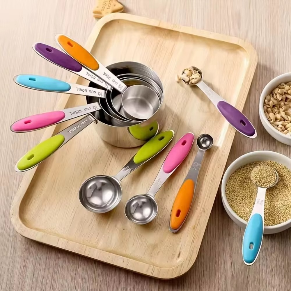 13-piece Measuring Cups and Spoons Set, Stainless Steel Heavy Duty Ergonomic Handle with Ring Connector, Silver