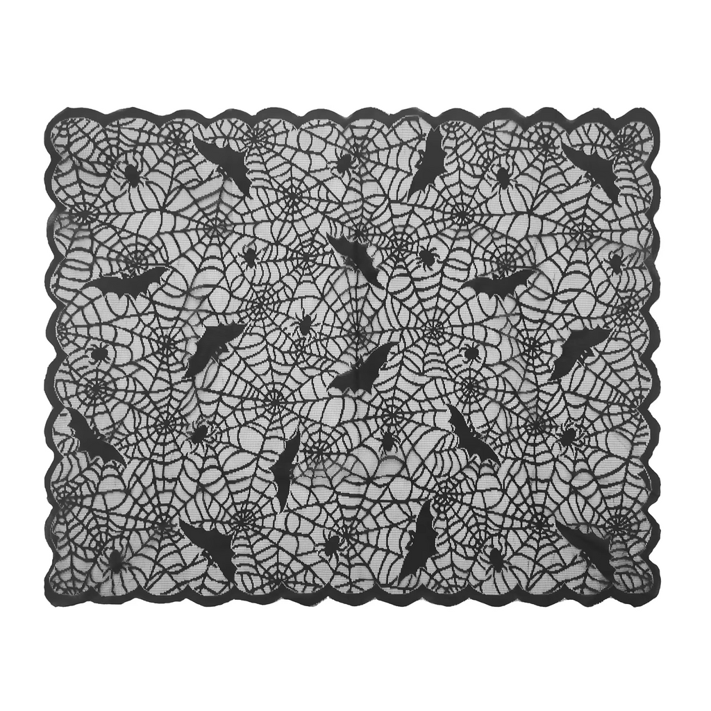 Halloween Lace Tablecloth – Bat Net Skull Pattern Rectangular Table Cover, Pumpkin Haunted House Party Decoration Cloth