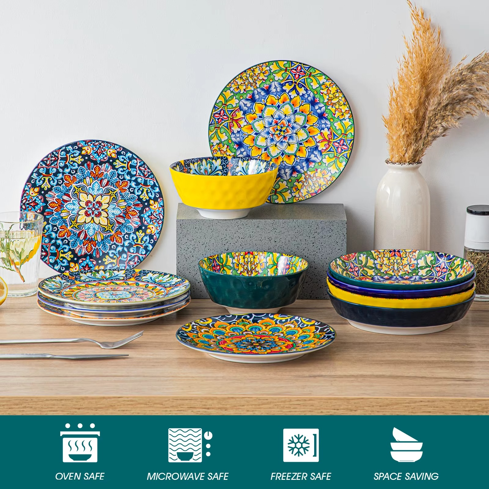 vancasso Ceramic Dinnerware Set 12/16/18/24 Piece – Bohemian Stoneware Plates & Bowls Set for 6, Dinner/Dessert Plates & Cereal/Pasta Bowls