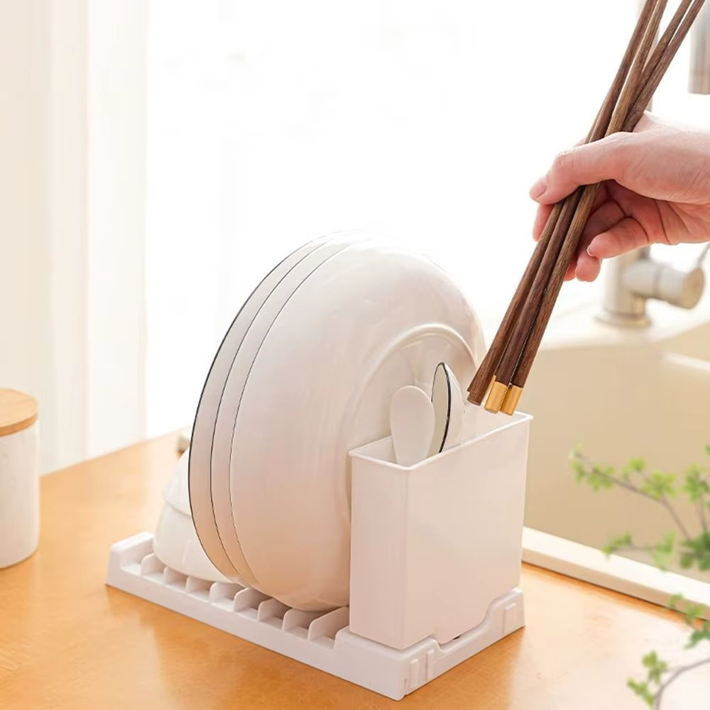 Plastic Foldable Dish Drying Rack 2-in-1 – Large Capacity Kitchen Dish Drainer with Utensil & Chopstick Holder, Space-Saving Organizer