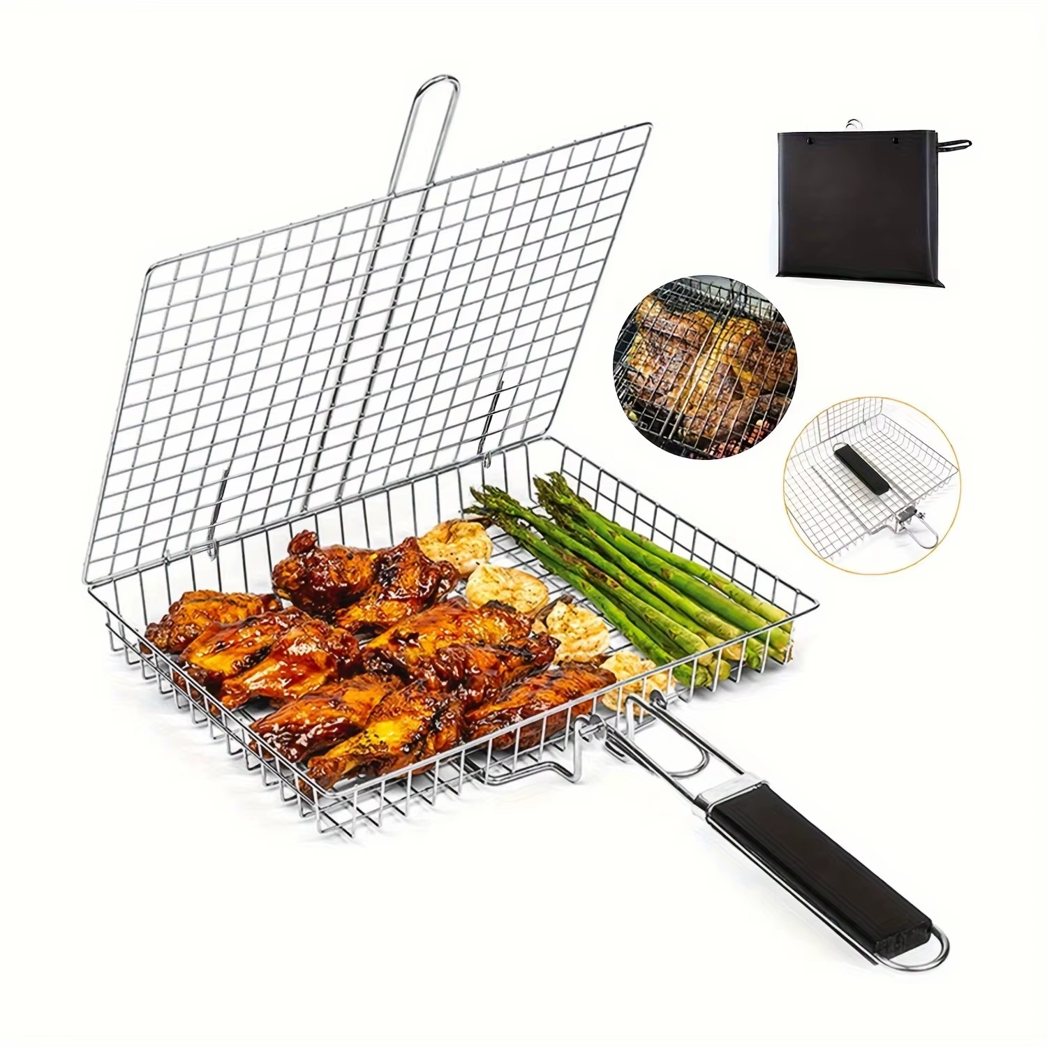 Portable Grill Basket, BBQ Grilling Basket for Outdoor Grill with Removable Handle, Stainless Steel Camping Cooking Grill Accessories for Chicken Fish Vegetable