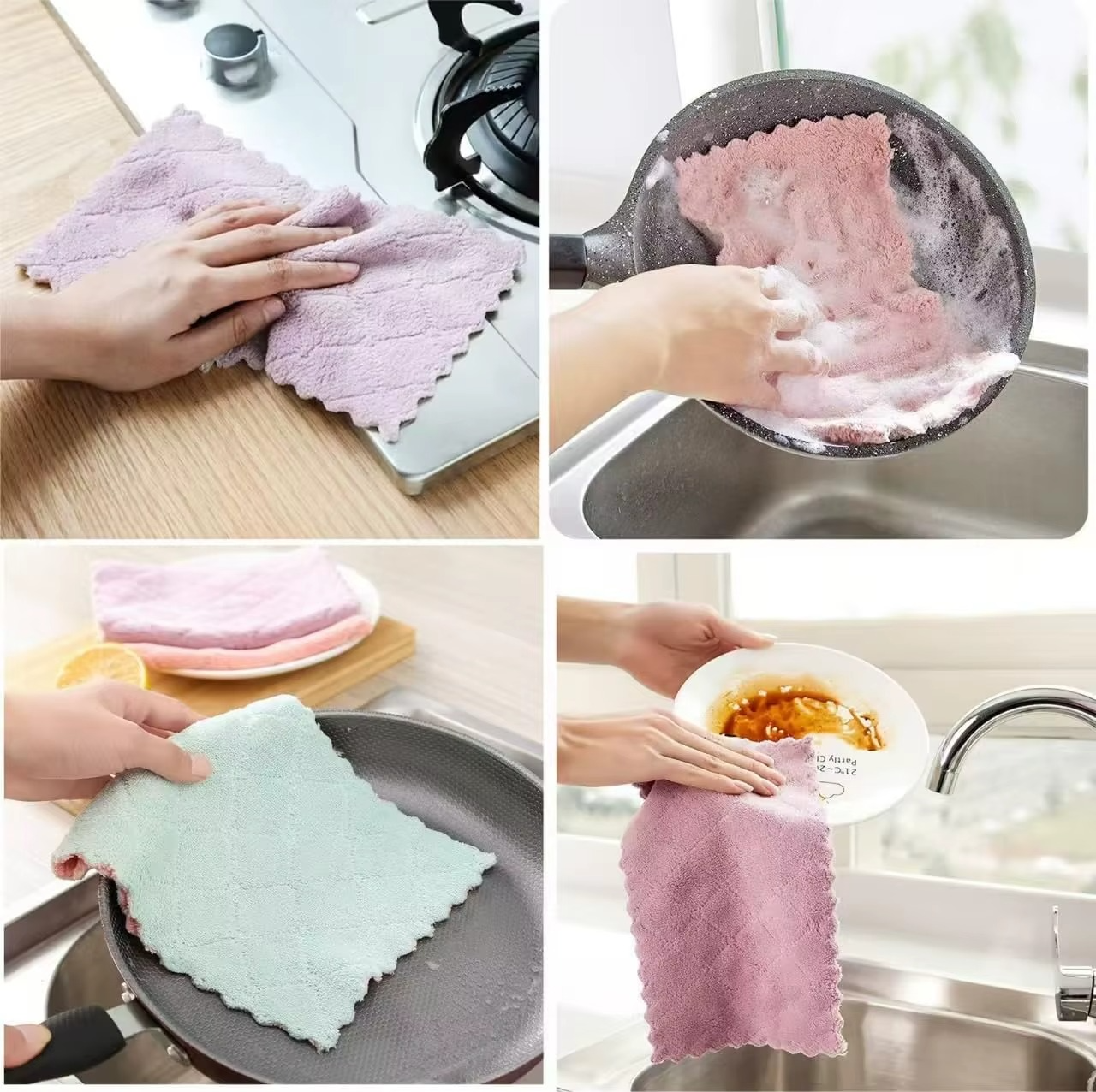 Super Absorbent Microfiber Kitchen Cleaning Towels – Double Layer Non-Stick Oil Dishcloths, Reusable Washing Cloths & Scouring Pads