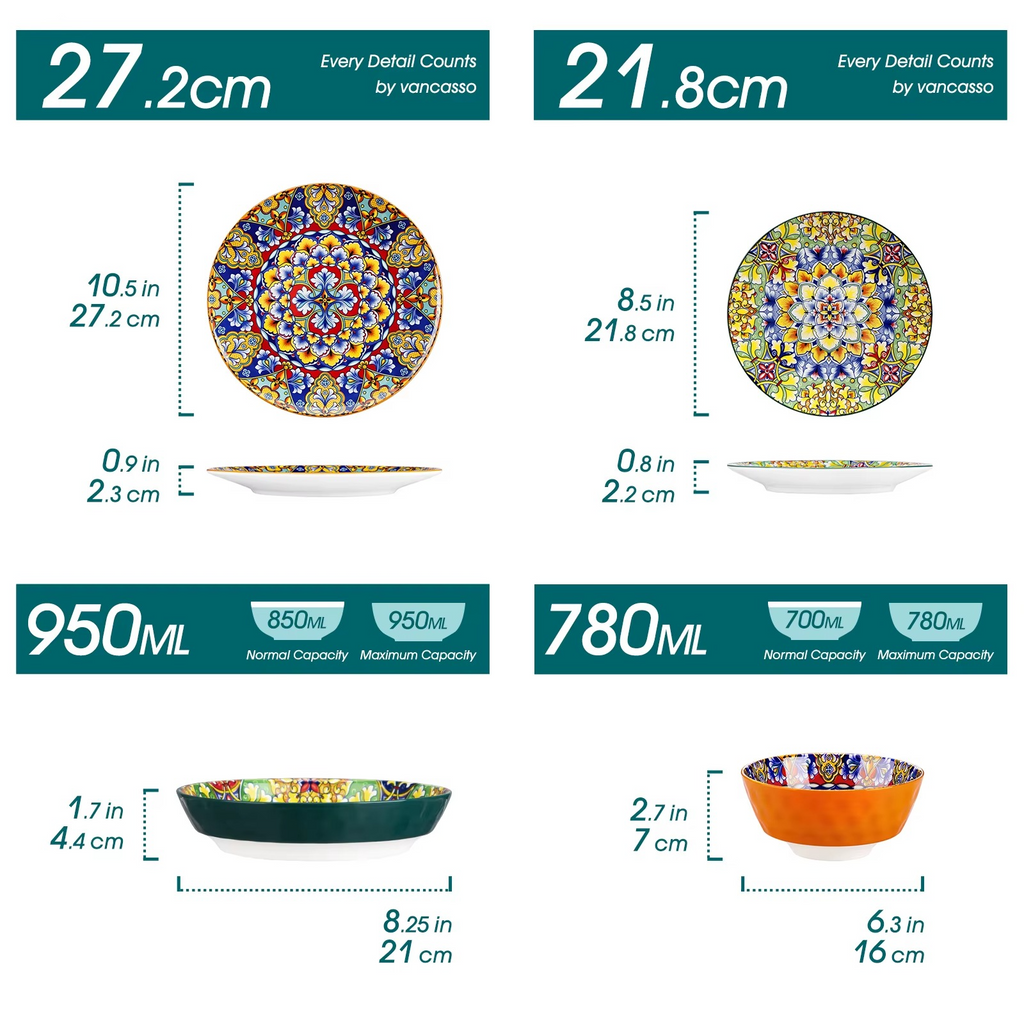 vancasso Ceramic Dinnerware Set 12/16/18/24 Piece – Bohemian Stoneware Plates & Bowls Set for 6, Dinner/Dessert Plates & Cereal/Pasta Bowls