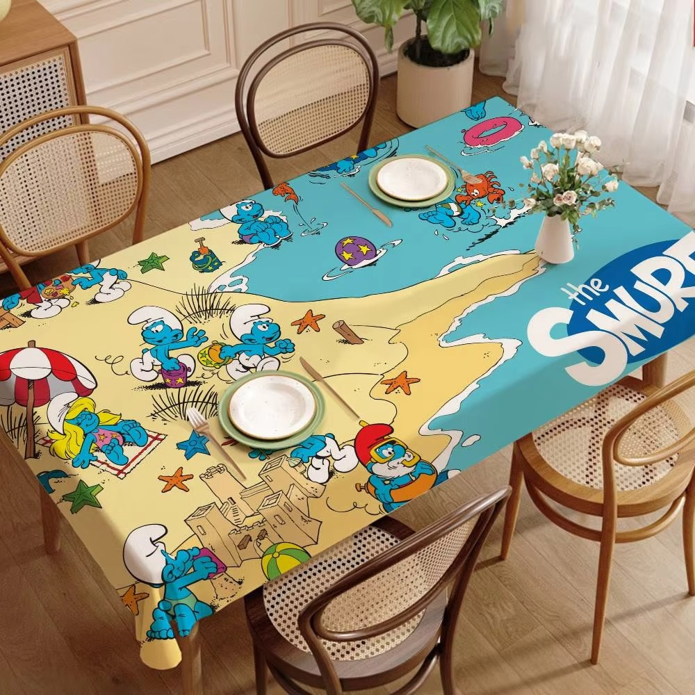 Cartoon Cute Smurfs Tablecloth – Stain Resistant & Washable Polyester Table Cover for Dining Table, Parties, Weddings & Home Decor