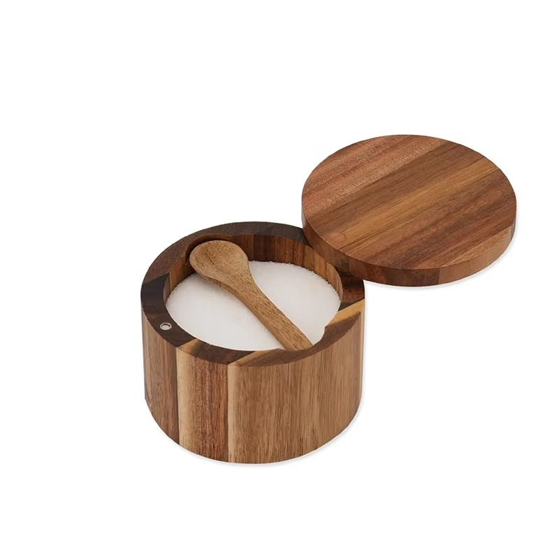 Acacia Wood Salt and Pepper Bowl Box with Lid and Spoon Acacia Salt Cellar with 360° Swivel Lid Spice Seasoning Container JT509