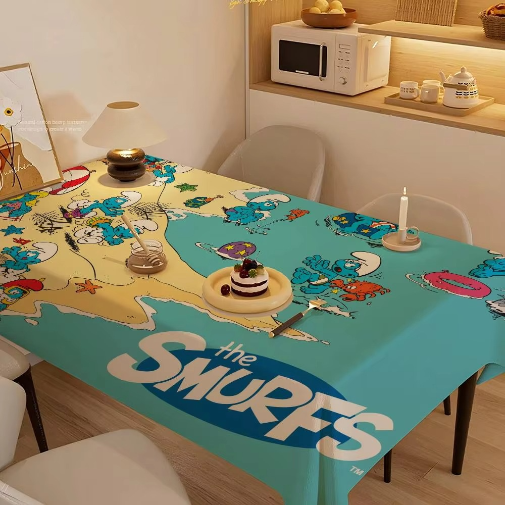 Cartoon Cute Smurfs Tablecloth – Stain Resistant & Washable Polyester Table Cover for Dining Table, Parties, Weddings & Home Decor