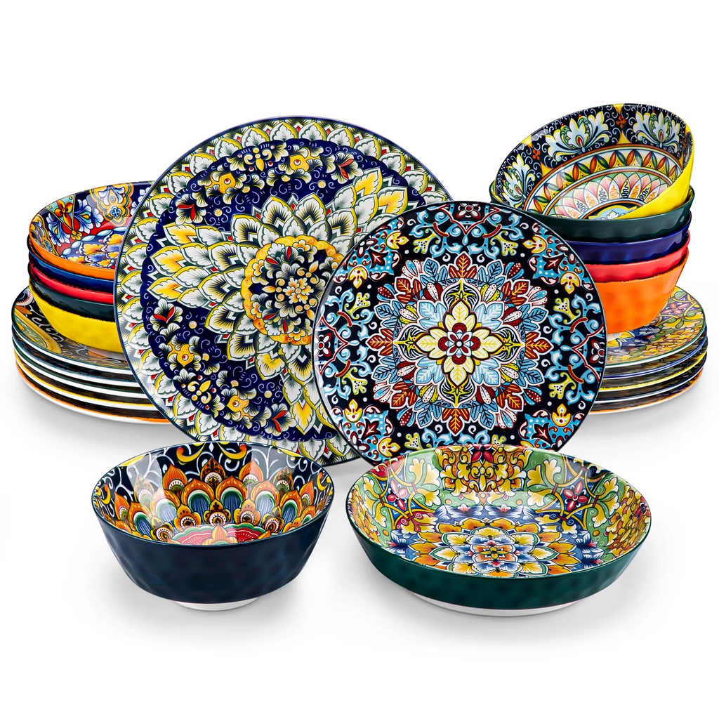 vancasso Ceramic Dinnerware Set 12/16/18/24 Piece – Bohemian Stoneware Plates & Bowls Set for 6, Dinner/Dessert Plates & Cereal/Pasta Bowls