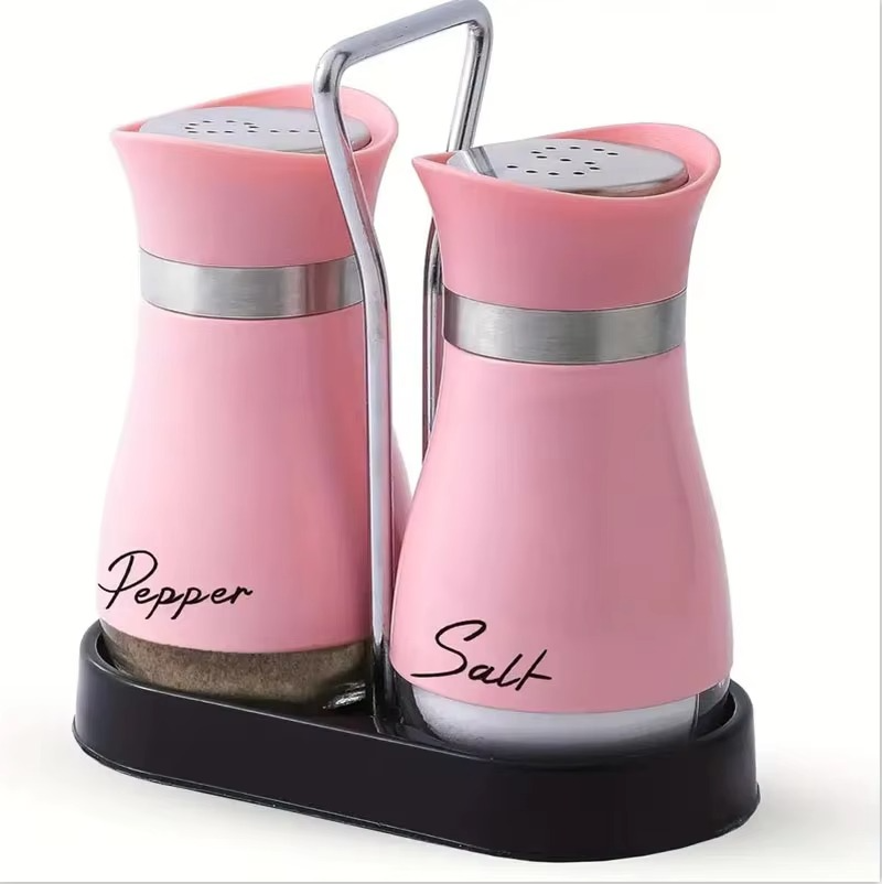 2PCS Glass Spice Bottles Set with Shelf – Adjustable Salt & Pepper Shakers, Refillable Seasoning Dispenser with Pour Control Holes