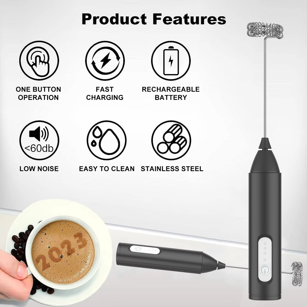 Rechargeable Milk Frother Handheld, 2-IN-1 Dual Spring Whisk Electric Frother Wand for Cappuccino Latte Macchiato, Portable Drink Mixer for Coffee, Matcha, Hot Chocolate
