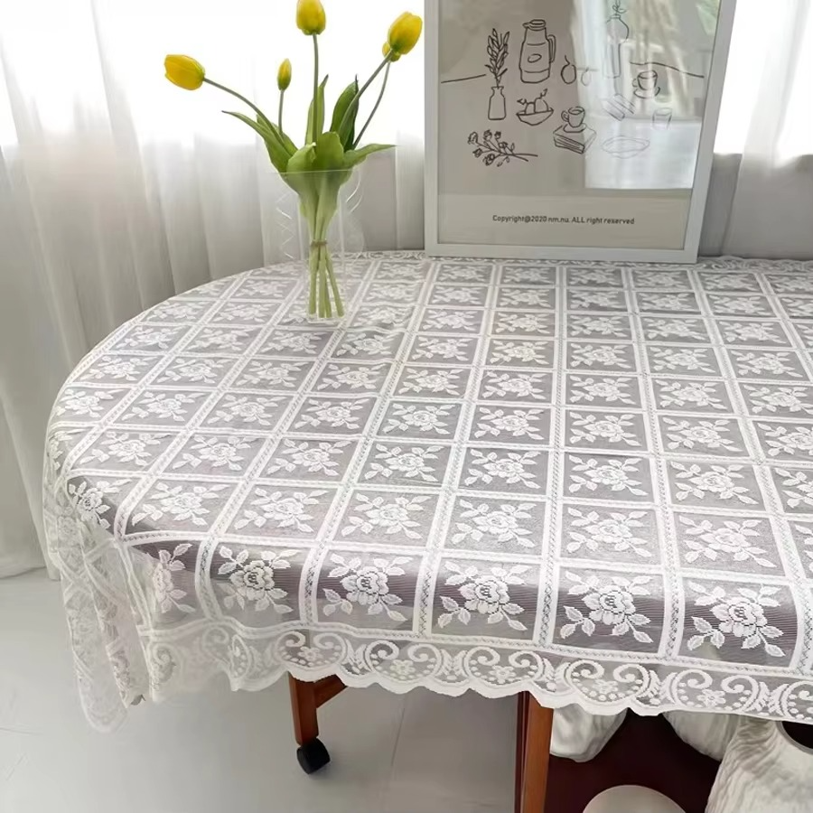 Antique Embroidered Lace Tablecloth – Elegant Solid Color Floral Cut Design, 100% Polyester Square Table Cover for Dining & Home Decor