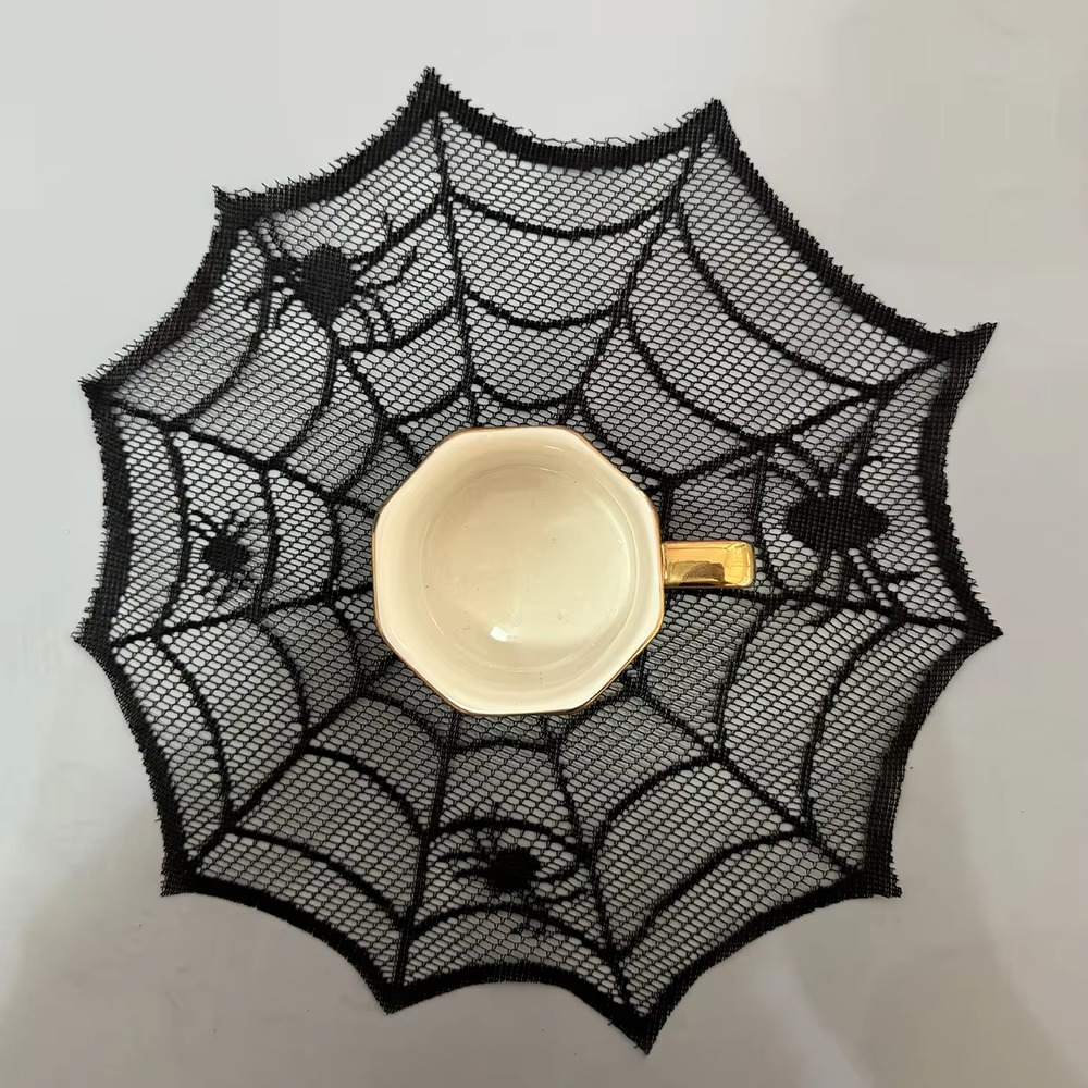 30cm Halloween Table Placemat Set – Black Disposable Spider Web Table Runner & Round Placemat Decoration for Halloween Party Supplies