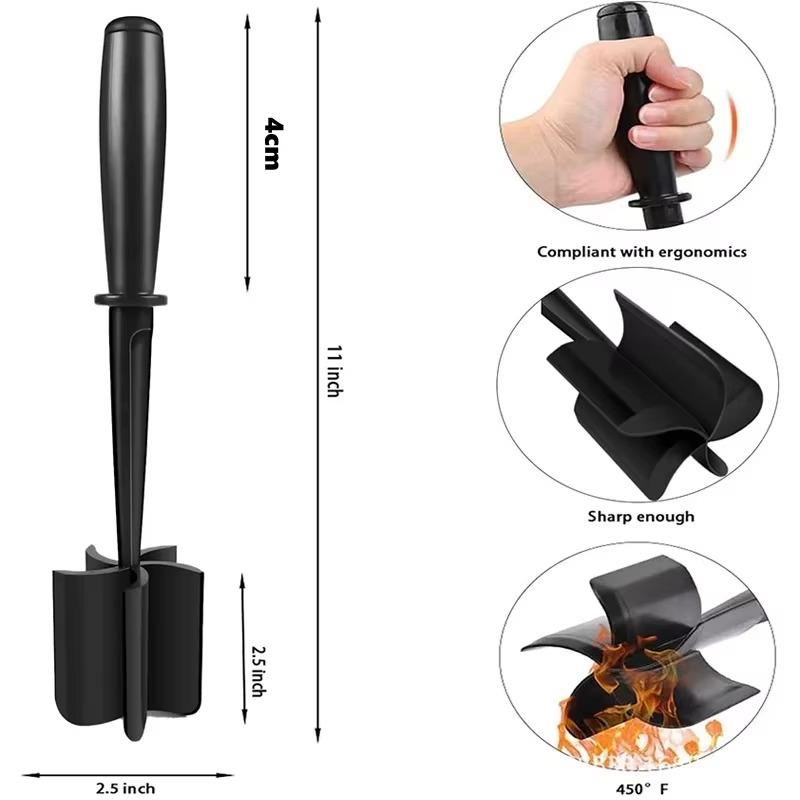 Meat Masher, Ground Beef Chopper Tool with 5 Curve Blades & Ergonomic Non-Slip Handle, Nylon Hamburger Smasher Tool Heat Resistant Non Stick(Black)