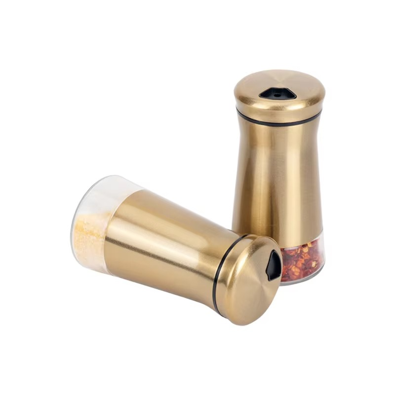 2PCS Copper Stainless Steel Salt & Pepper Shakers – Clear Bottom Spice Jars with Stainless Steel Lid, Refillable Kitchen Seasoning Containers