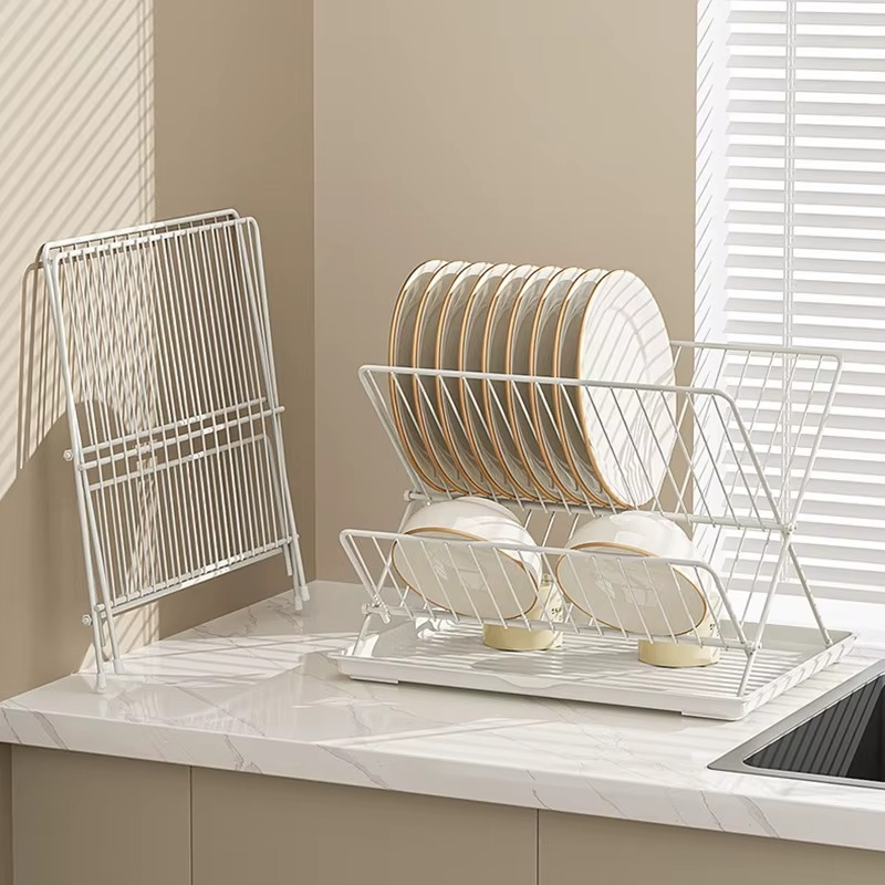 Foldable X-Shape Dish Drying Rack – 2 Tier Countertop Dish Drainer for Plates, Bowls & Kitchen Tableware Holder