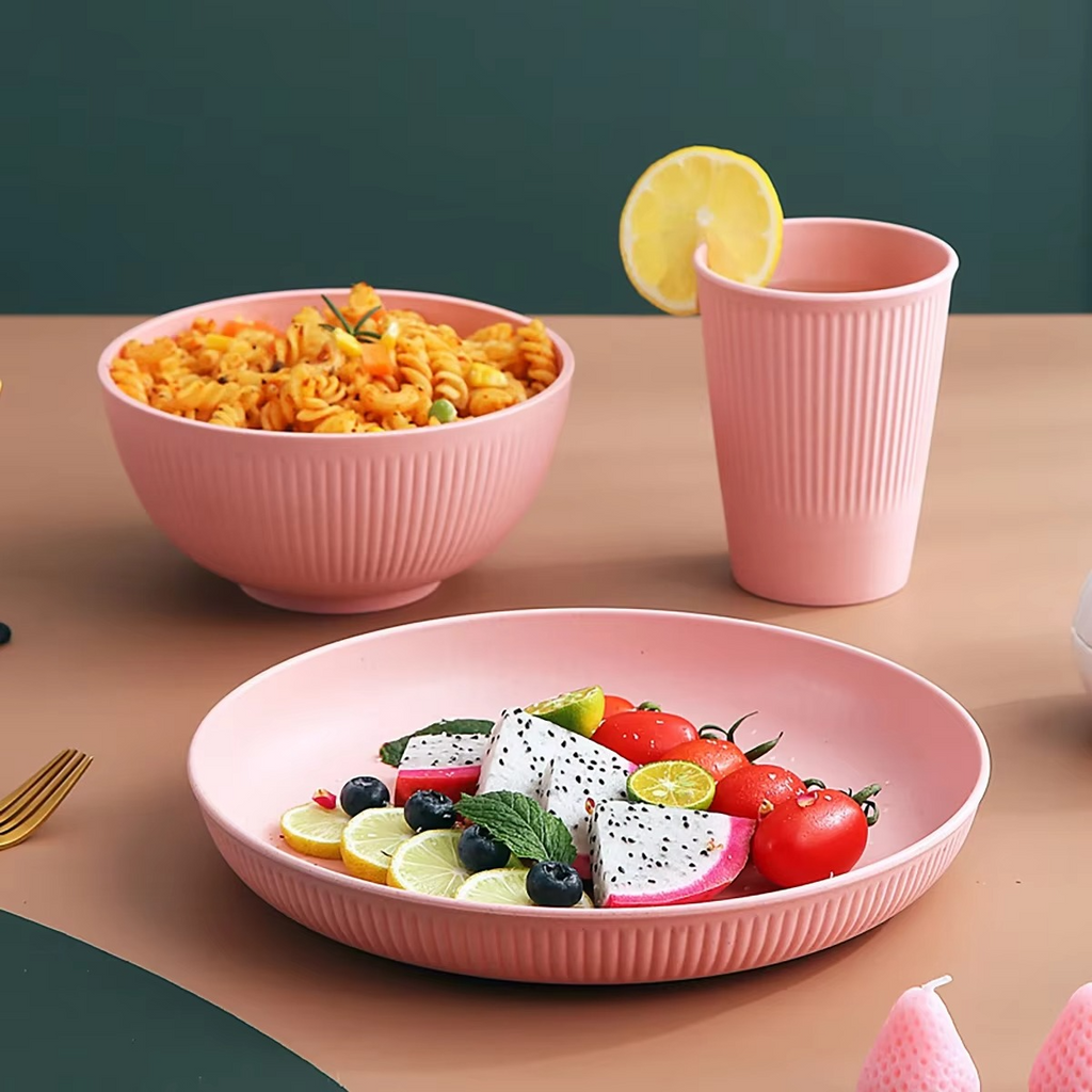 4Pcs Wheat Straw Dinnerware Set – Eco-Friendly Plate, Bowl, Cup & Dish Set, Unbreakable Kitchen Tableware for Home & Camping