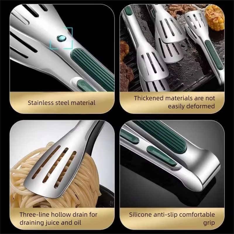 1pc Non Slip Stainless Steel Food Tongs Meat Salad Bread Clip Anti-scalding Barbecue Grill Buffet Clamp Kitchen Cooking Tools (9 Inches)