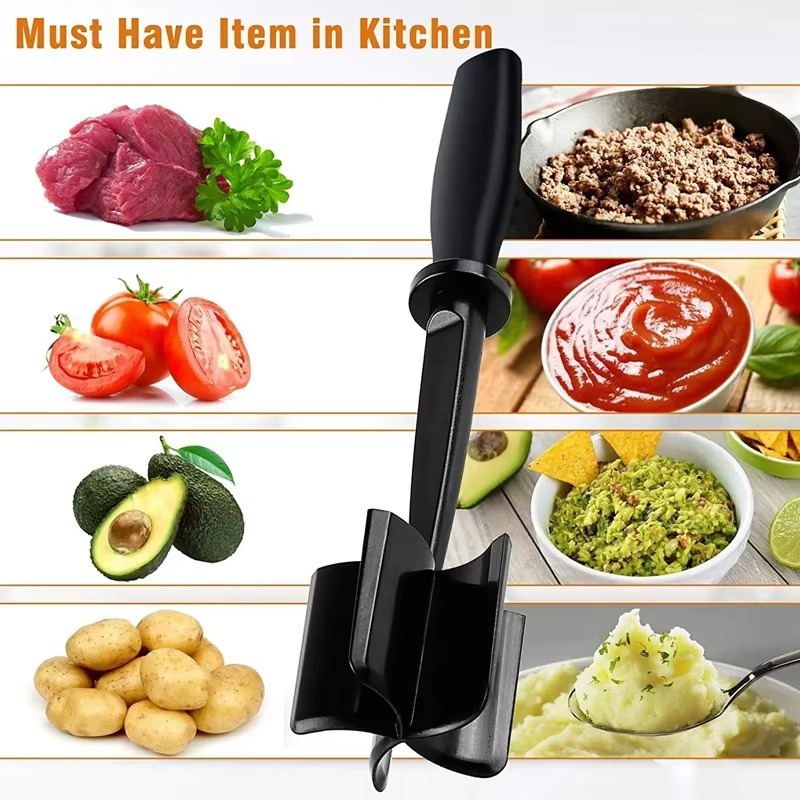 Meat Masher, Ground Beef Chopper Tool with 5 Curve Blades & Ergonomic Non-Slip Handle, Nylon Hamburger Smasher Tool Heat Resistant Non Stick(Black)