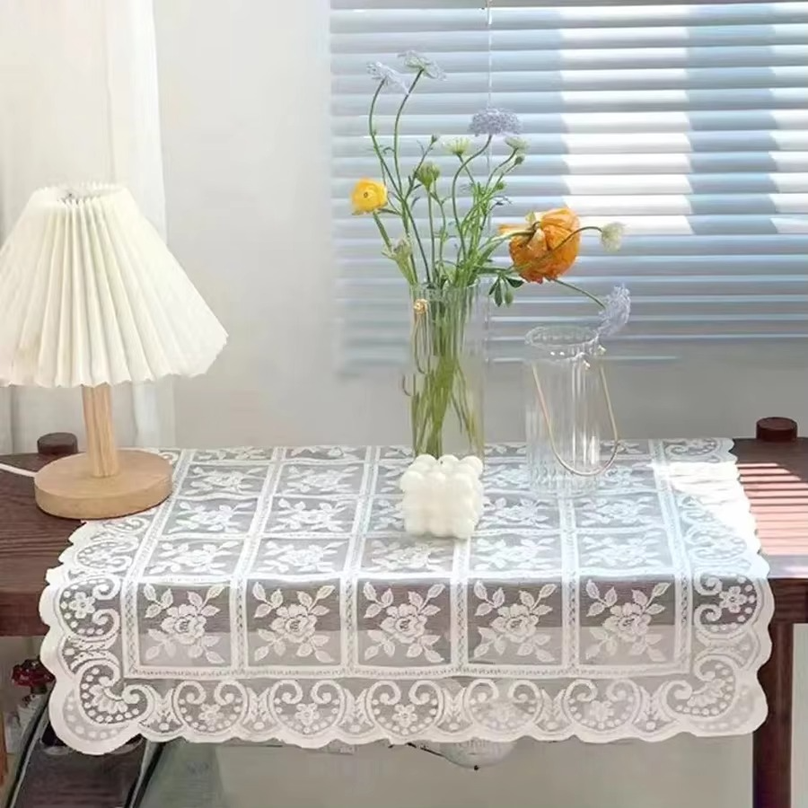 Antique Embroidered Lace Tablecloth – Elegant Solid Color Floral Cut Design, 100% Polyester Square Table Cover for Dining & Home Decor