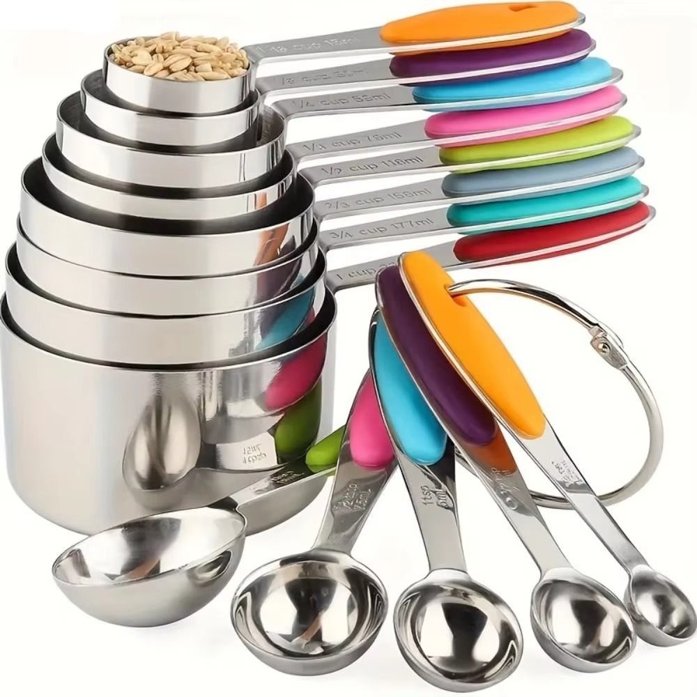 13-piece Measuring Cups and Spoons Set, Stainless Steel Heavy Duty Ergonomic Handle with Ring Connector, Silver