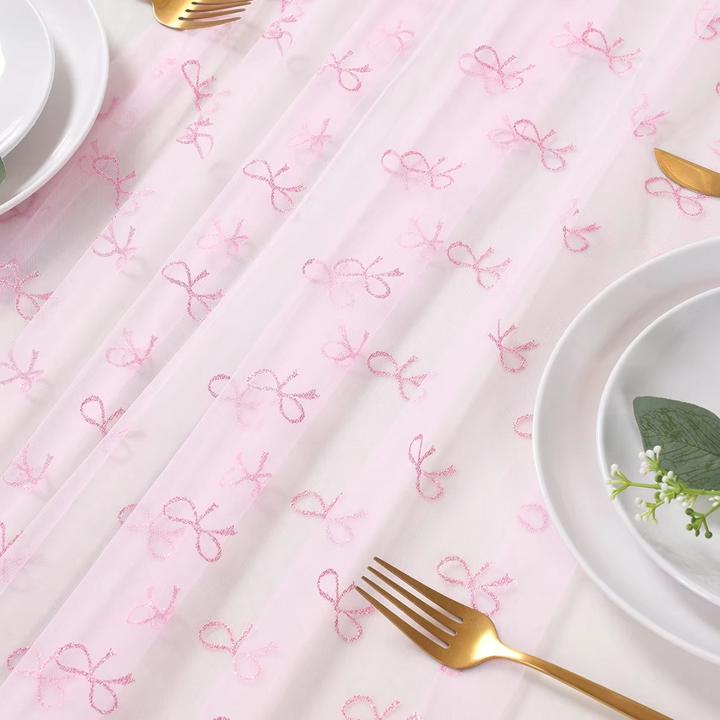 Pink Bow Theme Table Runner – Mesh Lace Birthday Decoration, Girls Pink Bow Party Table Runner for Birthday, Baby Shower & Wedding Party Supplies