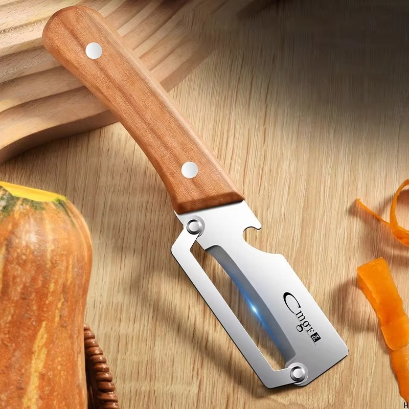 Premium Vegetable Peeler with Wooden Handle and Bottle Opener: 2-in-1 Stainless Steel Kitchen Tool for Fruit Apple Potato Pumpkin Papaya