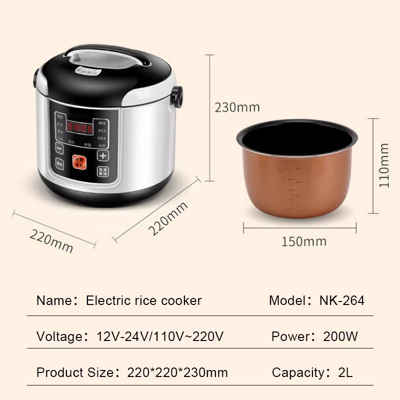 Portable Car Rice Cooker 2L – 12V/24V Electric Multi-Cooker for Truck & Travel, Soup, Porridge & Food Steamer Lunch Box