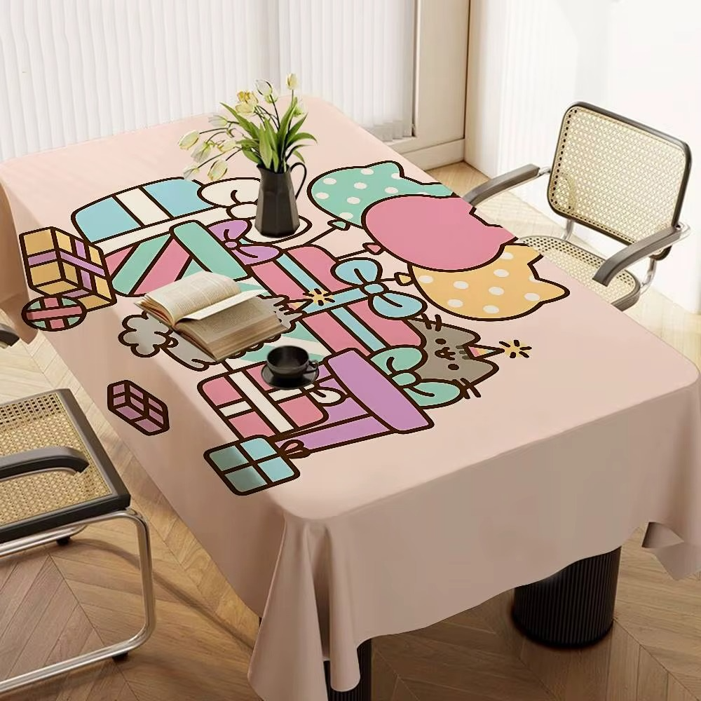 Pusheen Cartoon Rectangle Tablecloth – Waterproof Reusable Table Cover for Dining Table, Kitchen Decor & Holiday Party Decoration