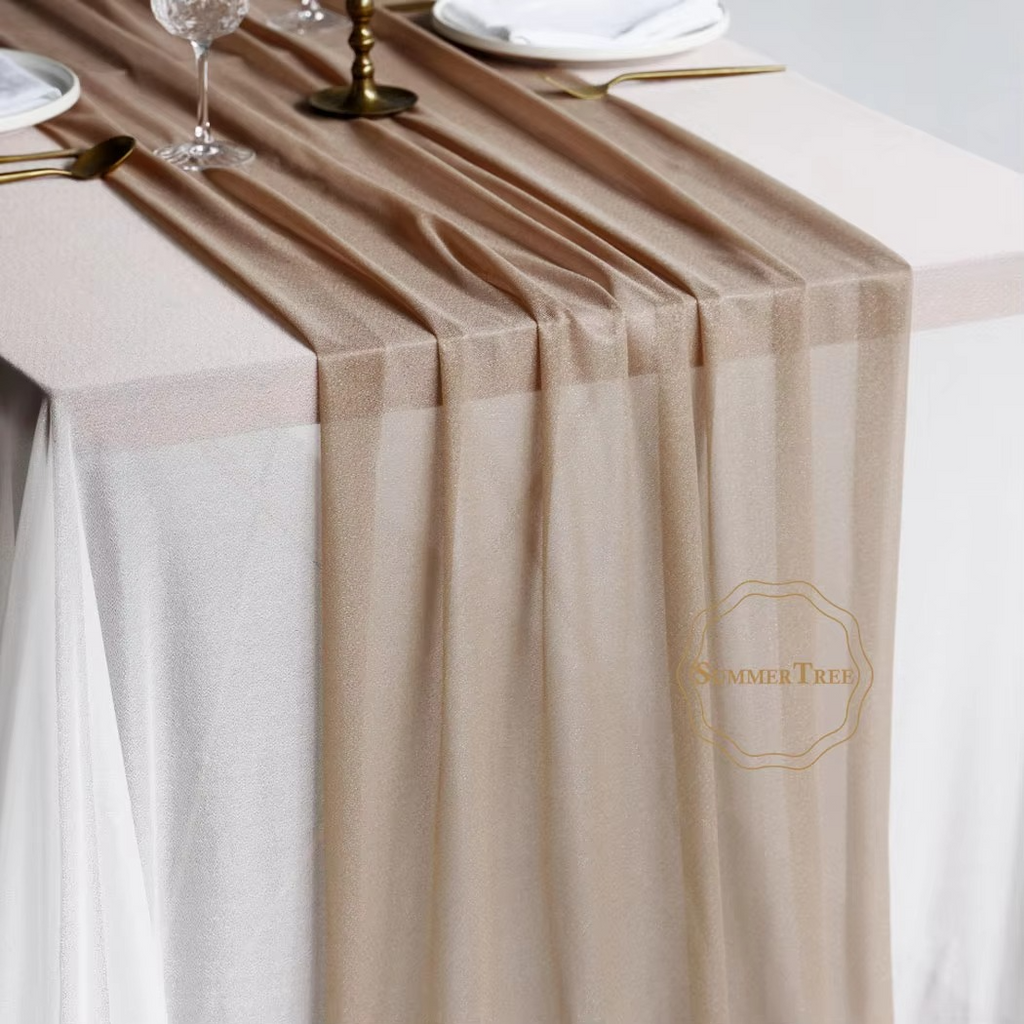 Sheer Table Runner Light Brown Khaki – Elegant Rustic Wedding Table Decor, Romantic Princess Style for Parties & Event Decoration