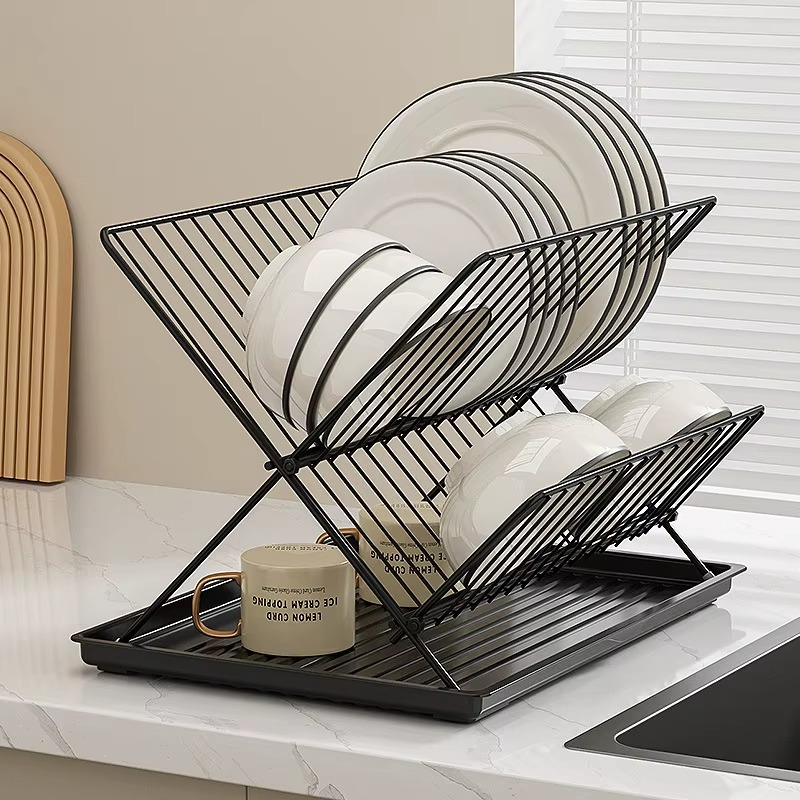 Foldable X-Shape Dish Drying Rack – 2 Tier Countertop Dish Drainer for Plates, Bowls & Kitchen Tableware Holder