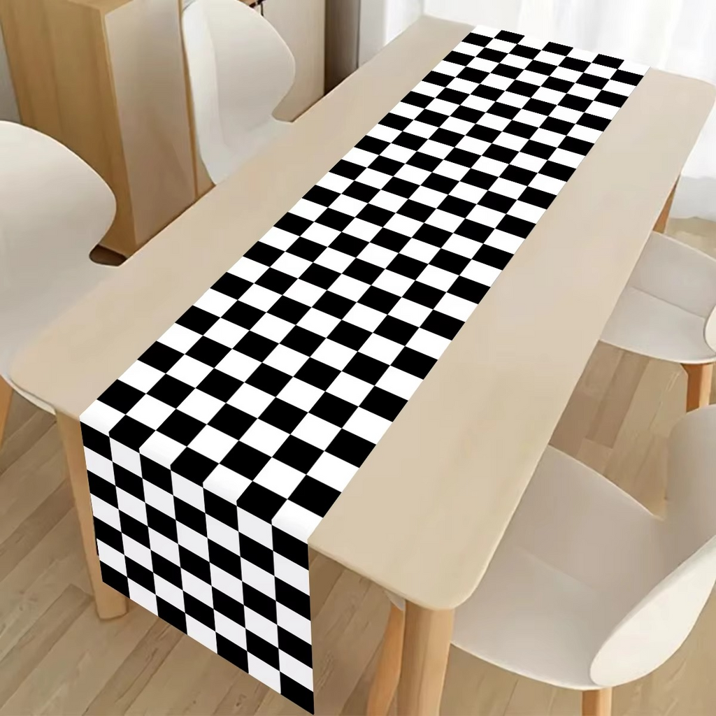 Black & White Checkered Table Runner – Soccer Party Polyester Table Cover for Kitchen, Birthday Party & Picnic Decoration