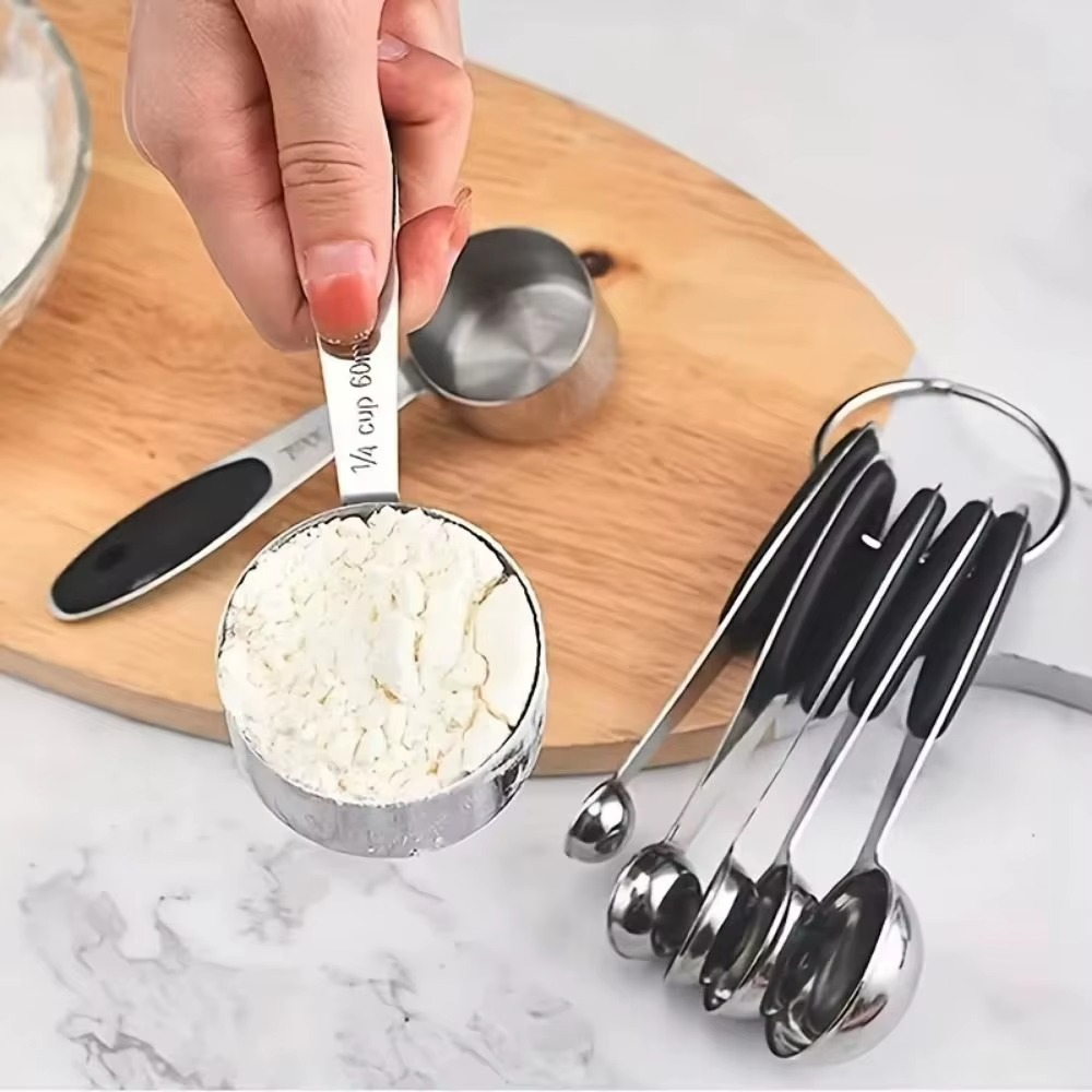 13-piece Measuring Cups and Spoons Set, Stainless Steel Heavy Duty Ergonomic Handle with Ring Connector, Silver