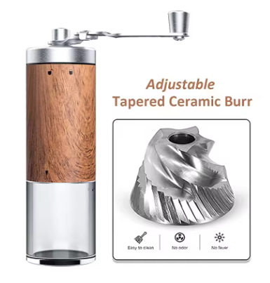 Manual Coffee Bean Grinder with Wood Grain Finish – Portable Hand Crank Coffee Grinder, Stainless Steel Handheld Coffee Mill for Kitchen & Travel