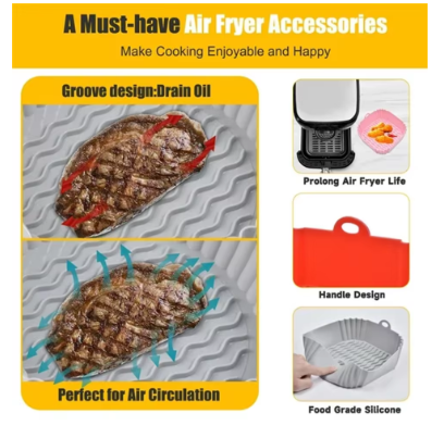 Reusable Silicone Air Fryer Liners – Non-Stick Square Fryer Basket Mats, Heat-Resistant Replacement for Parchment Paper, Easy-Clean Air Fryer Accessories
